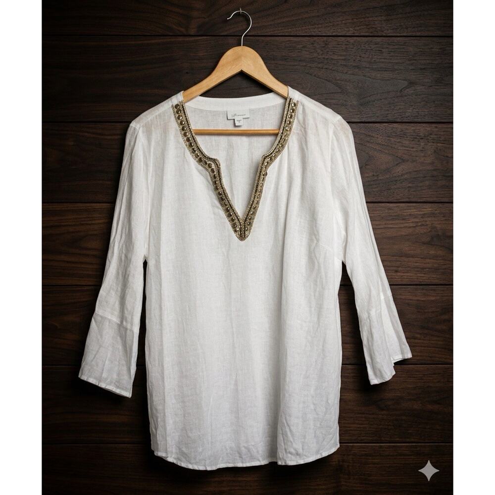 J. Jill Large L White Love Linen Tunic Top Embellished Beach Coastal Resort Chic